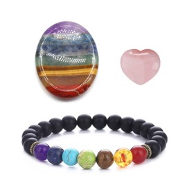 Soulnioi Crystals and Healing Stones Crystals, Full of Spiritual Energy 7 Chakra Stone, Thumb Care Stone for Anti-Anxiety, Chakra Crystals Stones, Heart Shaped Pink Crystal, 7 Chakra Bracelet