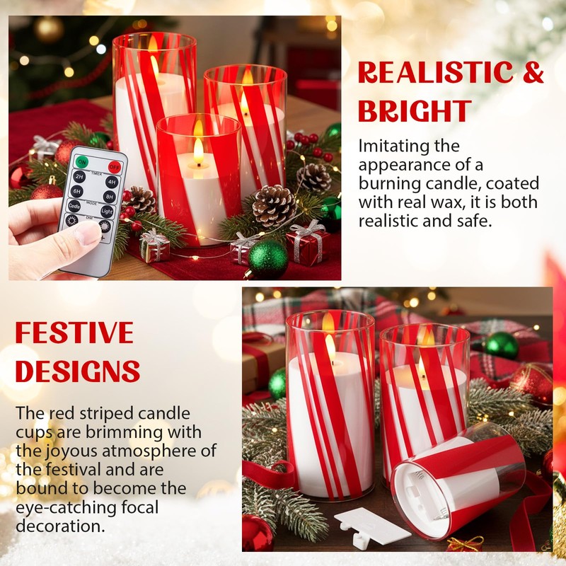 Glooglitter 3 Pcs Candy Cane Flameless Candles with Remote Timers