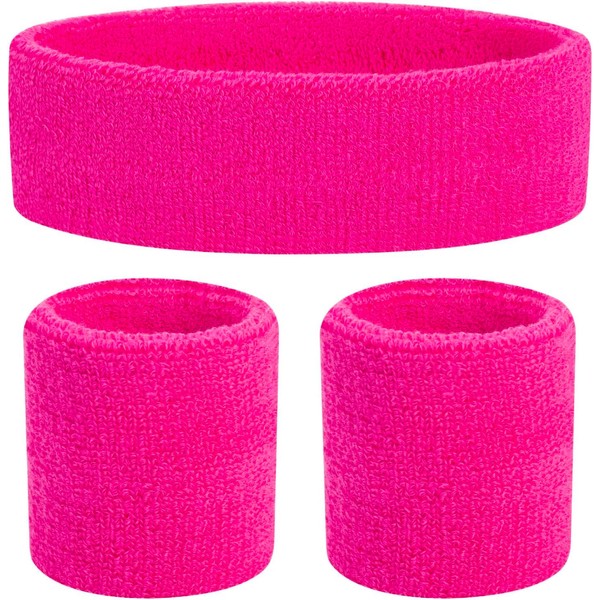 Neon Pink Sweatbands Headband Wristband Set, Sweatbands for Women, Workout Accessories for Women 80s Hot Pink 80s Sweatbands Set One Size