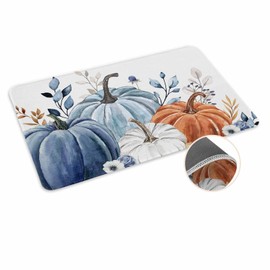 Fall Doormat Watercolor Pumpkin Welcome Mat Entrance Floor Mat Autumn Blue Leaves Seasonal Autumn Harvest Thanksgiving Door Mat Indoor Outdoor Entrance Floor Mat Non Slip Rubber Mat 18 x 30 inch