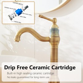 BATHLAVISH Antique Brass Vessel Sink Faucet 360° Swivel for Bathroom Bowl Sink Single Hole Farmhouse Tall Commercial Vanity with Pop Up Drain Without Overflow Combo