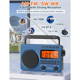 Digital AM FM Shortwave Radio with Best Reception,4000mAh Rechargeable Portable Radio with NOAA Weather Alert, Big Speaker, Digital Tuner and Stereo Earphone,Support Micro SD Card and USB MP3 Player