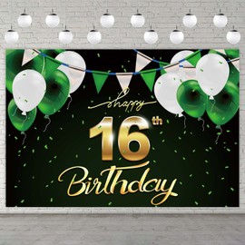 Happy 16th Birthday Black Banner Backdrop Background Photo Booth Props Green White Balloons Theme Decor for Sixteenth Year Anniversary 16 years Old Birthday Party Favors Supplies Decorations