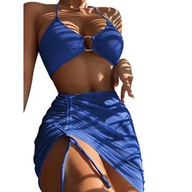 MakeMeChic - Traje de baño de 3 piezas para mujer con falda para cubrir, Azul Real, X-Small