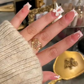 Floral French Press on Nails Cute Pink False Nails with Bow Pearl Design French Nails Press ons Cute Bow Nail Tips Stick on Nails Long Square Shape Artificial Nails Acrylic Finger Manicure for Women