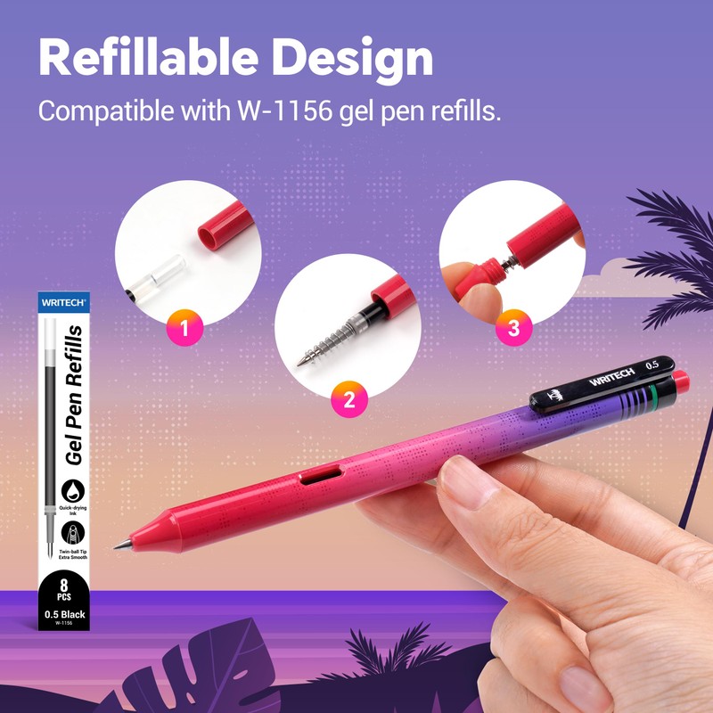 WRITECH Black Ink Gel Pens: 8-Pack Retrowave 0.5mm Fine Point