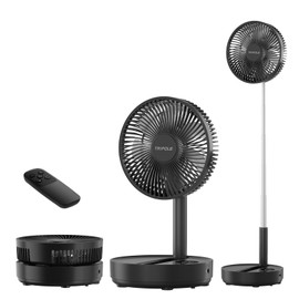 TriPole 8" Foldable Standing Fan, 8000mAh Rechargeable Battery Oscillating Pedestal Fan with Remote, Height Adjustable, 8 Timer Settings, LED Display, 4 Speeds Floor Fan for Bedroom Office Trip-Black
