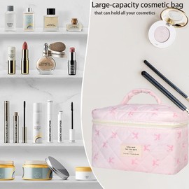 AMULOKRU Quilted Makeup Bag Cute Cosmetic Bags for Women Large Capacity Floral Coquette Aesthetic Patchwork Travel Toiletry Make Up Organizer Bag-pink