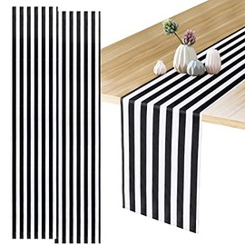 Moukeren 2 Caminos de Mesa en Blanco y Negro, 12'' x 108'', Mantel de Rayas con Diseño Moderno de Rayas, Elegante Decoración de Mesa de Lona, ​​Lavable a Máquina para Bodas, Banquetes, Celebraciones