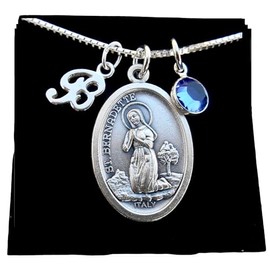 St. Saint Bernadette Patron Saint Necklace |Sterling Silver Box Chain | Birthstone| Sterling Silver Cursive Initial
