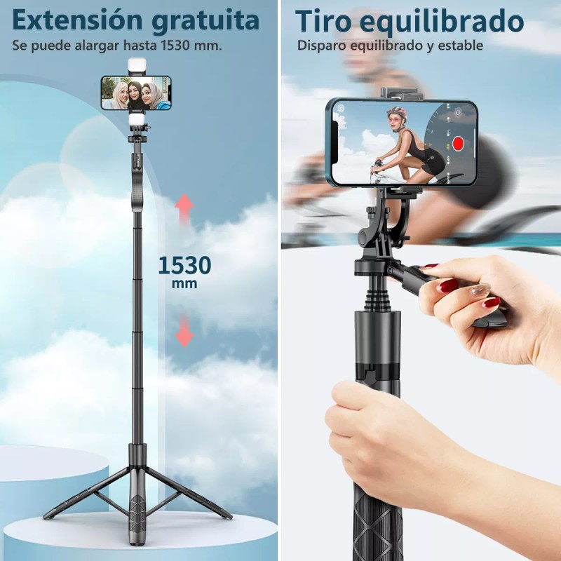 Axnen Selfie Stick Trípode Para Celular Control Remoto Luz 1.53m