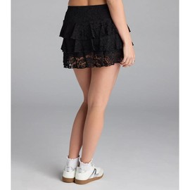 Cutesy Trend Drop Waist Ruffled Lace Mini Skort - Color: BLACK, Size: S