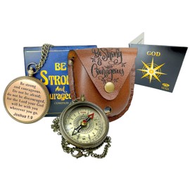 Be Strong and Courageous Brass Religious Compass Gift Confirmation Baptism Easter Christian Catholic Graduation Trekking Adventure Engraved Scripture Prayer Gift for Men Women Teenage Boys Girls
