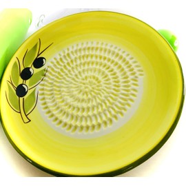 BonCera, 4pcs Premium Ceramic Garlic Grater Set - HandMade, Olive Design Grater Plate with Garlic Peeler, Gathering Brush, Stand, Grating for Turmeric, Ginger, n more, #114