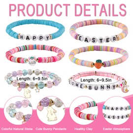 GVUSMIL 6 PCS Clay and Stone Bead Easter Bunny Bracelets Set, Easter Basket Stuffers, Stackable Colourful Heishi Elastic Faith Bracelet Jewelry Gifts for Gir