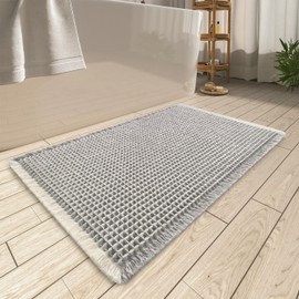 Upgraded Waffle Bath Mat, Super Absorbent Non Slip Bath Mats for Bathroom Floor, Machine Washable Bathroom Rugs with Tassels, Rubber Backed Bathroom Mats, Ultra Soft, 18" x 30",LightGrey & Cream