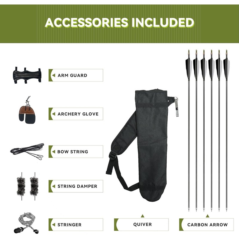 Black Hunter Recurve Bow and Arrow Set, GLURAK 60'' Wooden