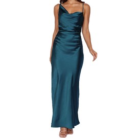 Summer Satin Maxi Dresses for Women 2025 Cowl Neck Ruched Silk Formal Wedding Guest Bridesmaid Slip Dress with Slit Teal