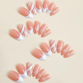 Christmas Press On Nails Almond Medium Length Christmas Fake Nails with Glue, Christmas Nails Glue On, Christmas Nails Press On with Snowflake Design，Artificial Stick On Nails for Women-24Pcs