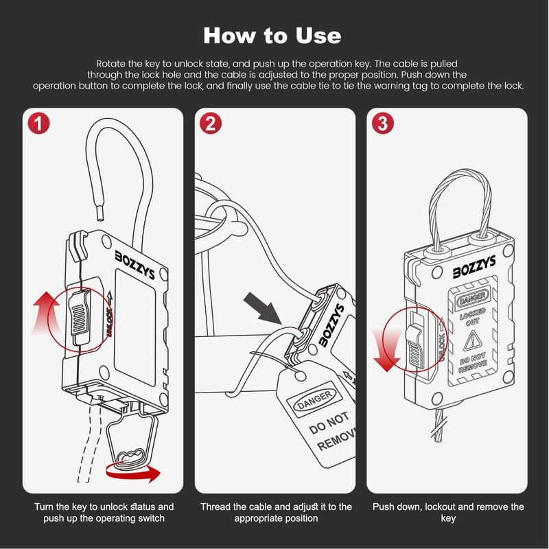 BOZZYS Lockout Tagout Cable Locks with 2 Keys | OSHA