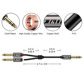 J&D 1/4 inch TRS Stereo Y Splitter Insert Cable, Gold Plated Copper Shell 6.35mm 1/4 inch TRS Male to Dual 6.35mm 1/4 inch TS Male Mono Breakout Cable, Audio Cord, 9 Feet