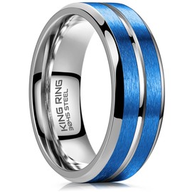 King Ring 8mm Flat Lines Ring – Ultra Polished Mens Ring with Two Matt Lines Stainless Steel Wedding Band K18 – Silver Blue 10