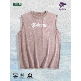 Welcome Graphic Washed Vest US Warehouse 3 Colors Cotton TankSize: L, Color: Apricot color