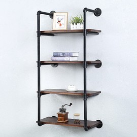 Industrial Pipe Shelving Wall Mounted,24in Rustic Metal Floating Shelves,Steampunk Real Wood Book Shelves,Wall Shelf Unit Bookshelf Hanging Wall Shelves,Farmhouse Kitchen Bar Shelving(4 Tier)