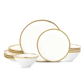 Christian Siriano Akoya Porcelain Dinnerware Set, 12-Piece - Dish Set for 4, Plates and Bowls Set, White and Gold