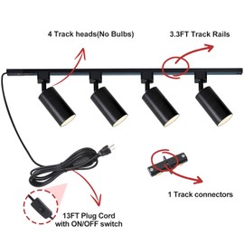 LRAEMXG Plug in Track Lighting with Power Cord, 4-Light GU10 Track Lighting Kit with 3.3FT H Type Track Lighting Rails, Modern Kitchen LED Track Lighting Fixtures Ceiling Spot Light, Black (No Bulbs)