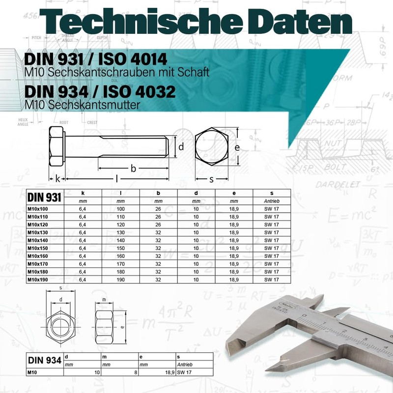 VOOXA DIN 931 Hexagon Screws with Shaft M10 x 100