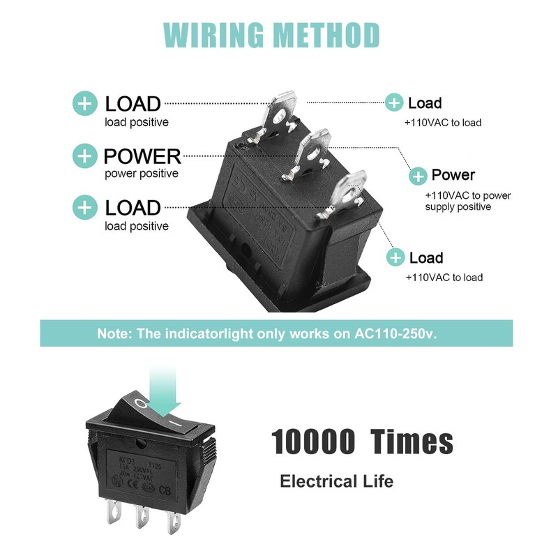 RuoFeng 15A 250V/20A 125V 3 Pin AC Rocker Switch KCD3