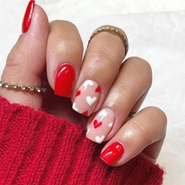 Valentines Press on Nails Short Square Red Fake Nails Full Cover White Red Heart False Nails with Designs Glossy Glue on Nails Cute Acrylic Stick on Nails Manicure Artificial Nails for Women Girls