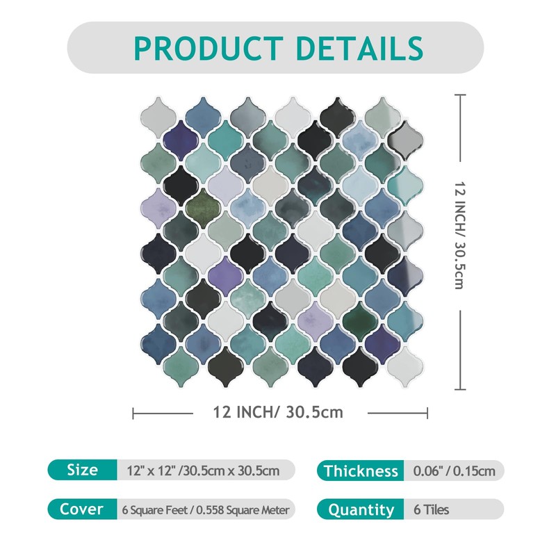 VEELIKE Teal Green Arabesque Backsplash Tile Peel and Stick Backsplash