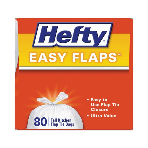 Hefty E84563 Easy Flaps Trash Bags, 13 Gal, 0.8 Mil, 23.75-Inch X 28-Inch, White, 80/Box