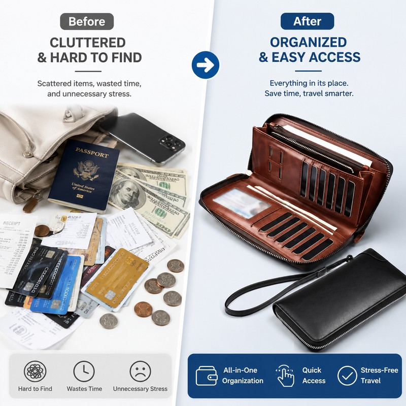 Long Zip-Around Leather Wallet for Daily Carry – Dual-Zipper Card