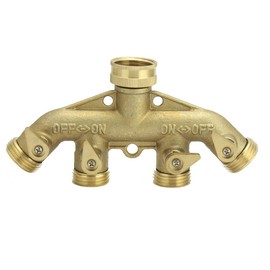 Tech Traders [BRASS BODY] 4-Way Brass Faucet Manifold Garden Hose Connector, Individual Brass Shut-off Valve with Male Connector, Solid Brass Material