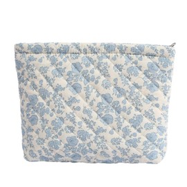 Makeup Bag for Women,Large Quilted Cosmetic Organizer Pouch Cute Floral Cotton Make up Bag Puffy Portable Travel Toiletry Bag Girls Zipper Waterproof Storage Bags,Blue Flower