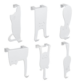 Minicoco Cat Over Door Hooks, Set of 6 Over Door Hanger, Stainless Steel Over Door Coat Hooks, Cute Cat Door Hooks for Home Office Decor, Matte White