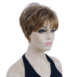 Lydell 6" Short Straight Layered Shaggy Full Synthetic Wig Classic Cap (V6 Light Reddish Brown with Blonde Highlight)