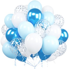 Blue White Balloons, Ousuga 60 pcs 12 Inch Matte White Blue Metallic Silver Confetti Latex Balloons Set For Girls Boys Birthday Baby Shower Wedding Gender Reveal Baptism Anniversary Party Decorations