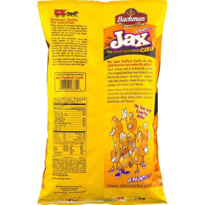 Bachman Jax Cheddar Cheese Puffed Curls 9.75 Oz (2 Bags)