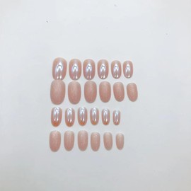Almond Press on Nails Short Round Fake Nails Chrome Glossy False Nails with Glitte Powder Press ons Designs Acrylic Nails Press on Artificial Nails Stick on Nails For Women Girls 24Pcs