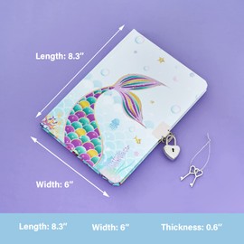 Glitter Diary for Girls - Mermaid Notebook Gift for Children Blue Travel Private Journals School Notebooks A5 Lined Memos Writing Drawing Notepad with Lock and Keys