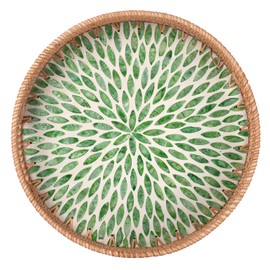 YANGQIHOME Round Serving Tray, Round Rattan Tray with Decorative Mother of Pearl Inlay, Round Wicker Tray for Home Decor, Table Decor, Gifts, Dining, Woven Tray of Food, Fruit, Coffee, 13.8 inch