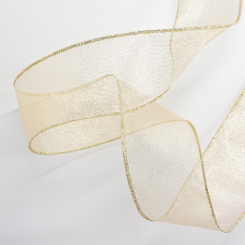 ALTIER Light Gold Metallic Ribbon, Wired Edge Ribbon for Christmas