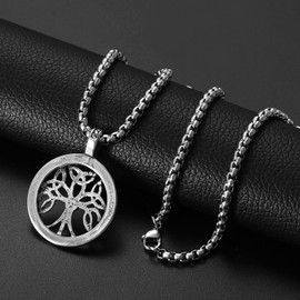 OIDEA Men's Necklace with Tree of Life Circle Pendant, O Chain Wheat Chain Made of Stainless Steel, Silver Black
