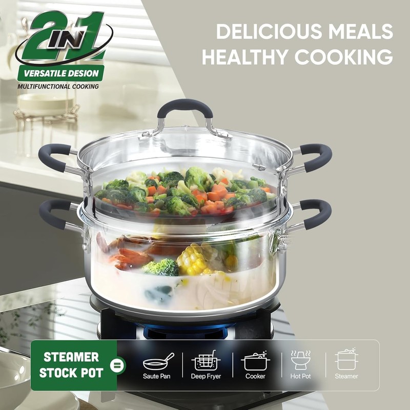 SUNHOUSE - 3.1 Quart Steamer Pots with Lid 2-Tier Multipurpose