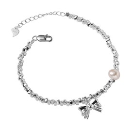 ZZ ZINFANDEL Silver Bow Bracelet Pearl Bracelet for Women,Pearl Beaded Crystal Bangle Cuff Chain,Bow Jewelry Fashion Accessories (Silver)