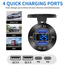 2 Pack 12V USB Outlet 4 Port Car Charger Socket, 78W Dual PD USB C and Dual Quick Charge 3.0 Port Aluminum Charger with Voltmeter DIY Kit Waterproof for Car Boat Marine Motorcycle RV ATV Truck, etc